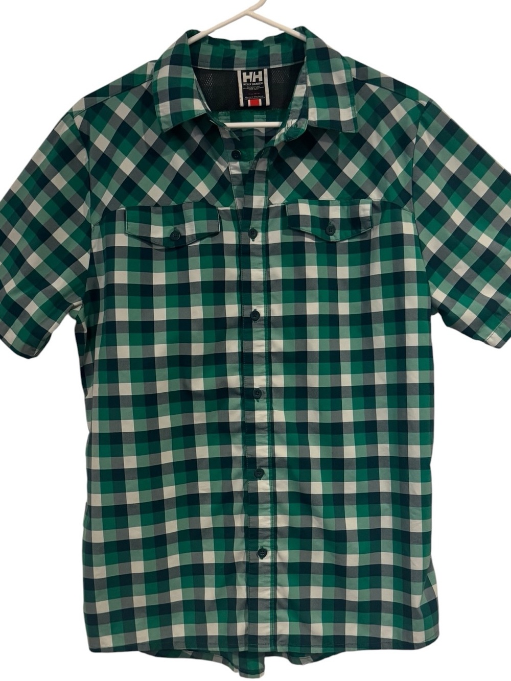Helly Hansen Green Blue Plaid Checked Short Sleeve Men't button front Shirt Med.